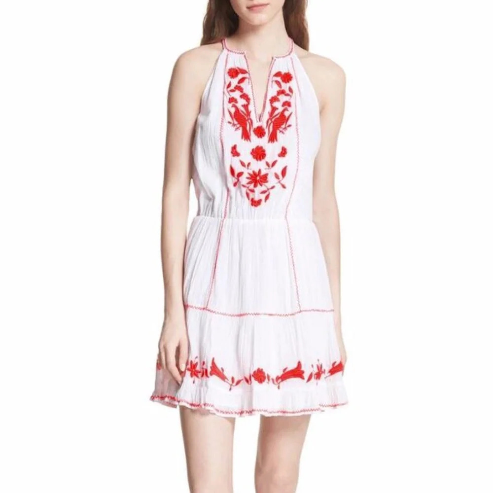 Joie White Red Clemency Embroidered Bohemian Feminine Retro Boho Mini Dress XS